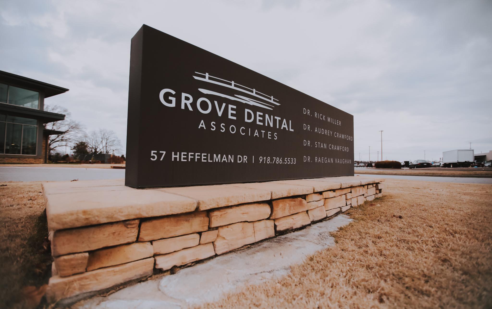 Grove Dental Associates - Miami, Oklahoma Monument Sign, Stone Base, Routed Face